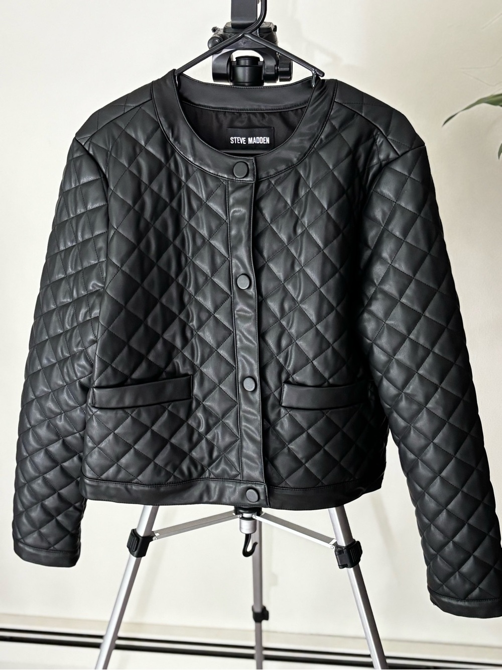 Steve Madden Black Quilted Faux-Leather Snap Jacket - Picture 2 of 13